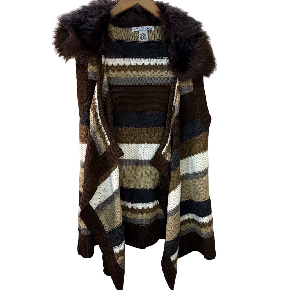 Rxb Womens M Striped Faux Fur Collar Sweater Vest Brown Khaki White Grey